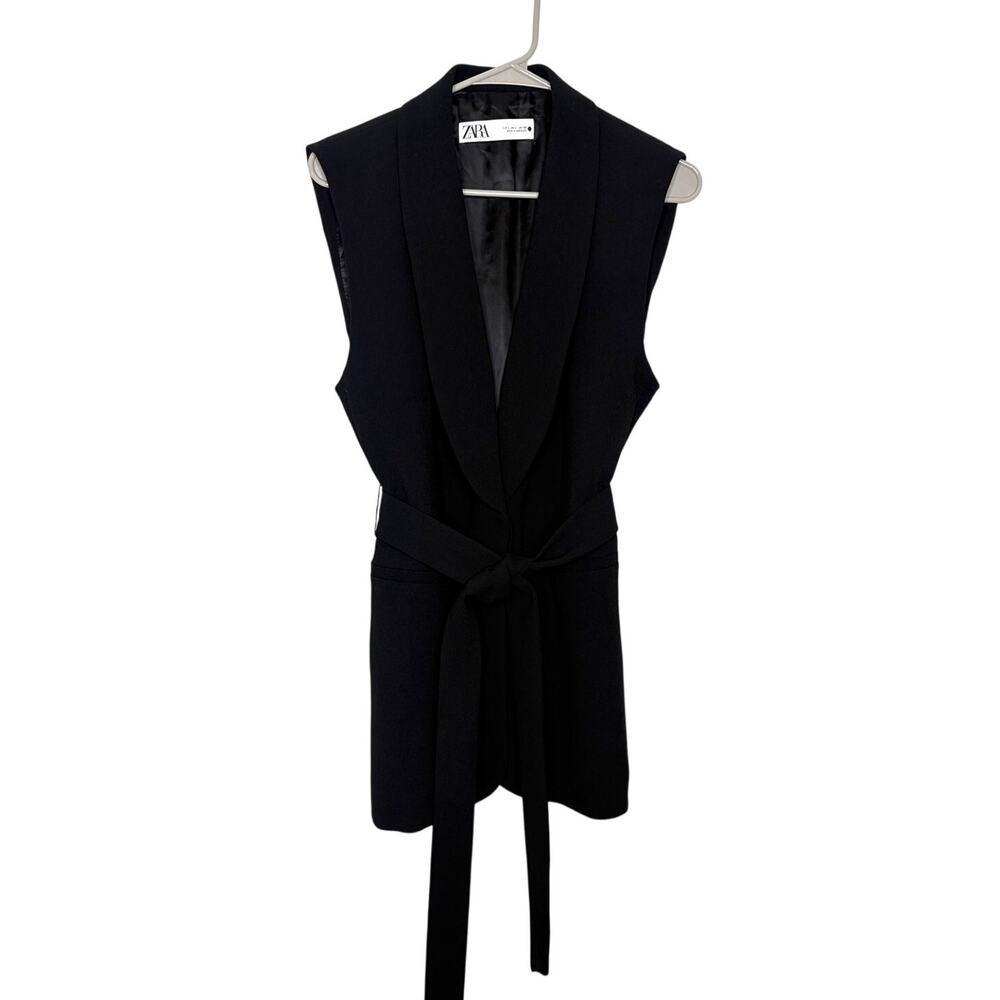 Zara Black Sleeveless Notch Lapel Long One-Button Vest Women's Sz L Office Chic